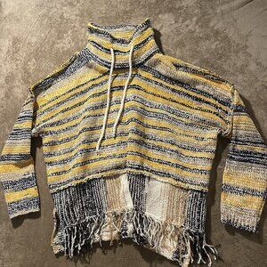 POL Sweater Women's Size Medium Costal Fringe Knit Striped Cowl Neck Oversized